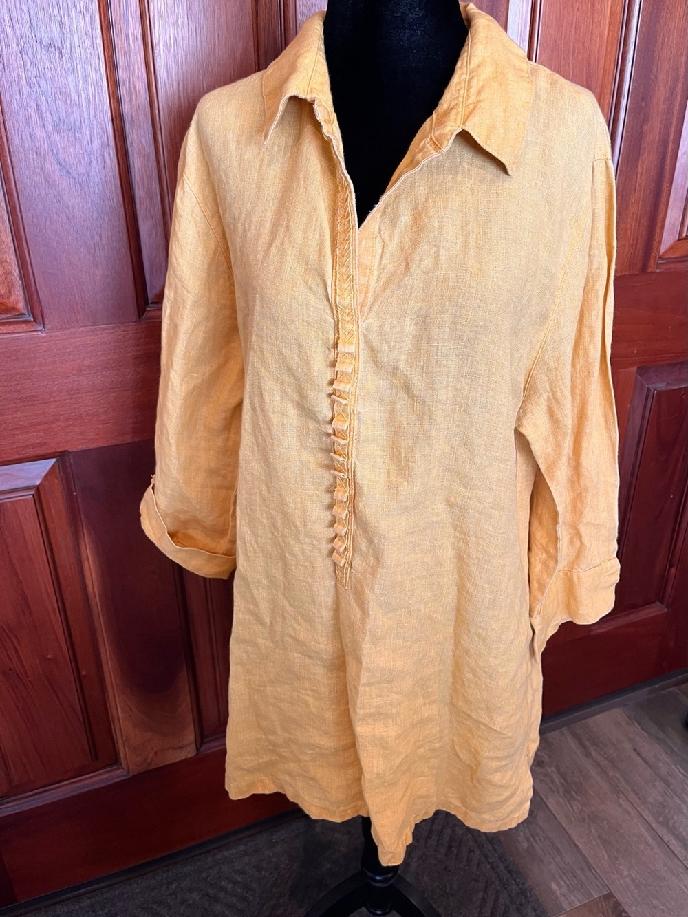 Chico's 100% Linen Blouse Butter Yellow Embroidery Ruffle Sz 2- 12/14 3/4 Sleeve